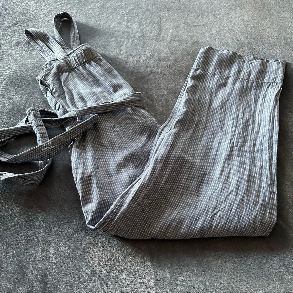 EVERLANE The Linen Side-button Blue White Straight Leg Jumpsuit Size 2